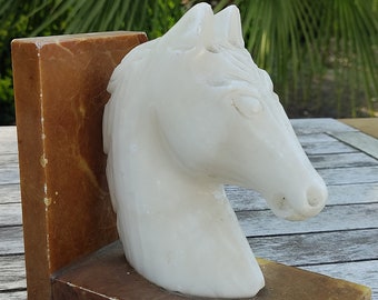 Lovely Heavy White Alabaster w Brown Marble Head's Horse Bookend - Paperweight - Desk Decor - Home Decor - Chipy