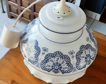 Lovely Vintage Opaline Glass Pendant Light - Blue Flowers Pattern - French Ceiling Lamp - Home Decor