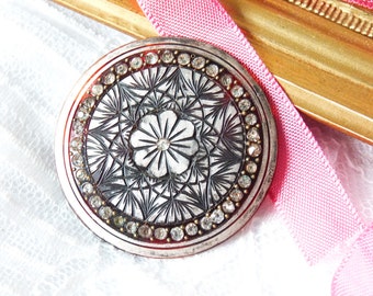 Lovely French Vintage Art Deco Scale Prick Round Flower Brooch Engraved w Crystal Rhinestones - Vintage French Jewelry - 2"