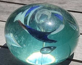 Vintage Blue Flower Glass Sphere PaperWeight - Handmade Blown Glass Sphere - Home Decor - Collectible Art - Floral Motif