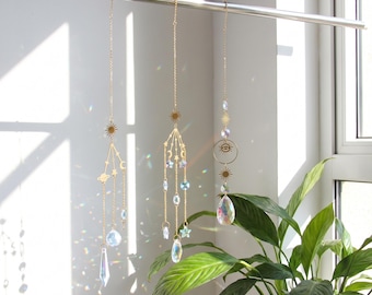 Kristall Suncatcher himmlische Sonne Mond Sterne Fenster hängen, Regenbogen Prisma Dekor, Boho Geschenk