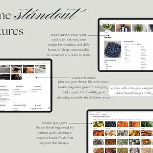 Puede incluir: Una interfaz de planificador digital con el texto "some standout features". La interfaz incluye un rastreador de progreso, un tablero de visi&oacute;n y una galer&iacute;a de alimentos. El rastreador de progreso monitorea calor&iacute;as, p&eacute;rdida de peso y sue&ntilde;o. El tablero de visi&oacute;n organiza metas.