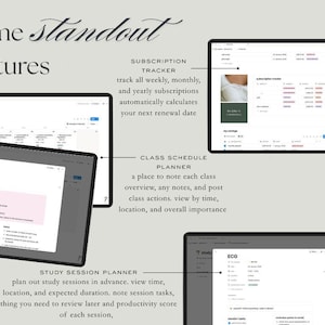 Puede incluir: Interfaz de planificador digital con el texto "some standout features". La interfaz incluye un rastreador de suscripciones, un planificador de horarios de clases y un planificador de sesiones de estudio. La interfaz se muestra en una tableta.