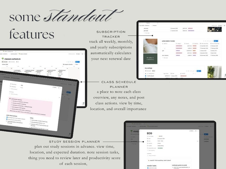 Puede incluir: Interfaz de planificador digital con el texto "some standout features". La interfaz incluye un rastreador de suscripciones, un planificador de horarios de clases y un planificador de sesiones de estudio. La interfaz se muestra en una tableta.