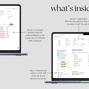 Może przedstawiać: Dwa laptopy wyświetlające interfejs planera nauki. Ekrany pokazują harmonogram nauki, plan tematyczny i codzienne priorytety. Tekst na ekranie zawiera "what's inside?" i "make yourself proud."
