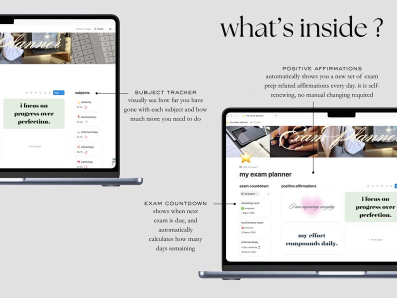 Może przedstawiać: Dwa laptopy wyświetlające interfejs cyfrowego planera. Tekst "what's inside?" znajduje się u g&oacute;ry. Jeden ekran pokazuje narzędzie do śledzenia temat&oacute;w i frazę "i focus on progress over perfection." Drugi ekran podkreśla pozytywne afirmacje i odliczanie do egzaminu.