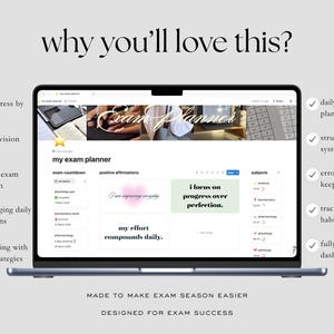 Może przedstawiać: Laptop z interfejsem "Exam Planner". Ekran pokazuje funkcje takie jak śledzenie postęp&oacute;w w nauce, harmonogram powt&oacute;rek i codzienne afirmacje. Tekst na g&oacute;rze brzmi "why you'll love this?", a na dole "MADE TO MAKE EXAM SEASON EASIER DESIGNED FOR EXAM SUCCESS".