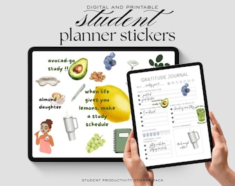 Pegatinas digitales para planificadores estudiantiles, pegatinas de estudio de GoodNotes, pegatinas imprimibles para planificadores académicos, estética y productividad.