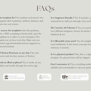 Puede incluir: Preguntas frecuentes sobre una plantilla digital para organizar estudios, bienestar y finanzas. El texto incluye informaci&oacute;n sobre acceso, Notion Premium y compatibilidad de dispositivos. Incluye iconos para servicio al cliente, descarga instant&aacute;nea e im&aacute;genes gratuitas.