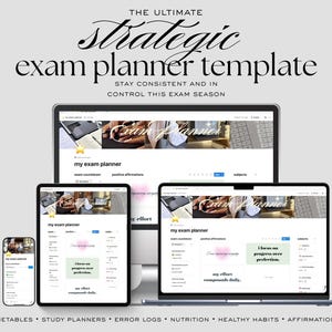 Peut inclure: Un modèle de planificateur d'examen numérique affiché sur plusieurs appareils, dont un téléphone, une tablette et un ordinateur portable. Le design présente le texte "Strategic exam planner template" et "Stay consistent and in control this exam season."