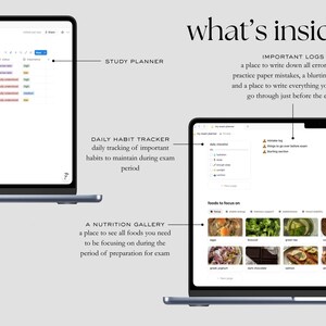 Może przedstawiać: Dwa laptopy wyświetlające plan nauki, narzędzie do śledzenia codziennych nawyk&oacute;w i galerię odżywiania. Tekst "what's inside?" znajduje się na g&oacute;rze. Plan nauki pokazuje przedmioty ze wskaźnikami postępu.