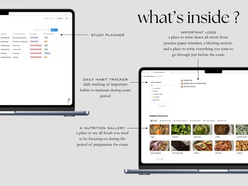 Może przedstawiać: Dwa laptopy wyświetlające plan nauki, narzędzie do śledzenia codziennych nawyk&oacute;w i galerię odżywiania. Tekst "what's inside?" znajduje się na g&oacute;rze. Plan nauki pokazuje przedmioty ze wskaźnikami postępu.