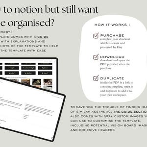 Puede incluir: Una plantilla digital para Notion, que se muestra en dos tabletas. El texto dice "&iquest;nuevo en Notion pero a&uacute;n quieres estar organizado?" y explica c&oacute;mo comprar, descargar y duplicar la plantilla. Incluye una secci&oacute;n de gu&iacute;a con explicaciones y capturas de pantalla.