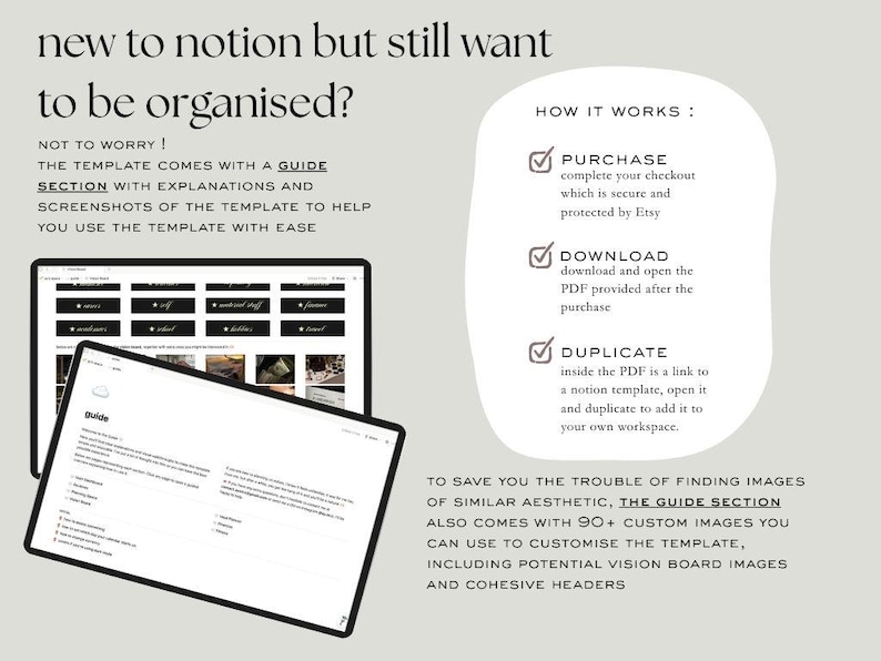 Puede incluir: Una plantilla digital para Notion, que se muestra en dos tabletas. El texto dice "&iquest;nuevo en Notion pero a&uacute;n quieres estar organizado?" y explica c&oacute;mo comprar, descargar y duplicar la plantilla. Incluye una secci&oacute;n de gu&iacute;a con explicaciones y capturas de pantalla.