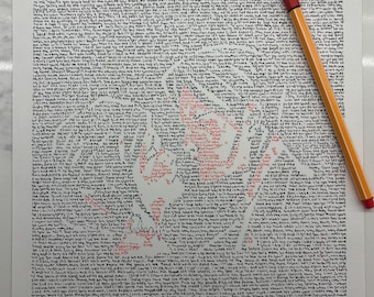 May include: A black and red artwork featuring a portrait created from handwritten text. The text is primarily black, with some sections in red. A red and orange pen and a black pen are on the white paper. The artwork is signed and dated.