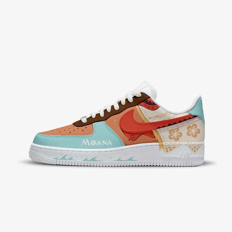 May include: A custom-designed Nike Air Force 1 sneaker with a "Moana" theme. The shoe features a color palette of brown, orange, teal, and white, with the word "MOANA" printed on the side. The design includes floral and wave patterns.