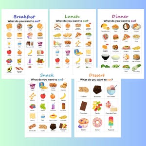 May include: Five colorful food charts with the headings "Breakfast", "Lunch", "Dinner", "Snack", and "Dessert". Each chart displays various food items with illustrations and text labels, such as toast, pasta, and cookies.