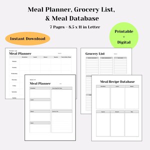 May include: A collection of printable meal planners, grocery lists, and a meal database. The pages are 8.5 x 11 inches in size. The design includes a weekly meal planner, a daily meal planner, a grocery list, and a meal/recipe database.