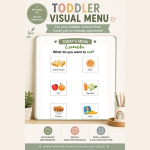 May include: A printable toddler visual menu chart featuring the text TODDLER VISUAL MENU and TODAY'S MENU Lunch. The chart displays six food categories with illustrations and labels: Grilled Cheese, Pasta, Fruit, Vegetable, Pretzels, and Chips.