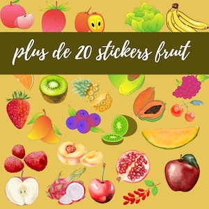 Lindo paquete de pegatinas de frutas, descarga digital, clipart de frutas kawaii para planificadores, diarios, álbumes de recortes, manualidades.