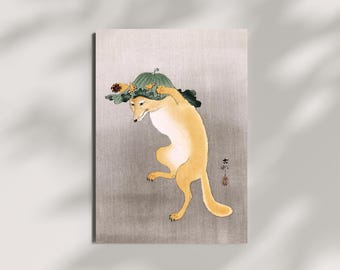 小原古邨作「蓮の葉の帽子をかぶった踊る狐」日本美術版画、木版画