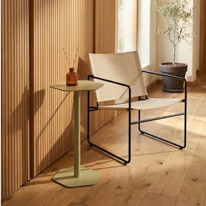 Könnte beinhalten: Moderne Inneneinrichtung mit einem hellgrünen Beistelltisch mit sechseckiger Platte und einer braunen Glasflasche. Ein Stuhl aus Segeltuch und schwarzem Metall steht daneben. Im Hintergrund eine Holzwand und eine Topfpflanze.