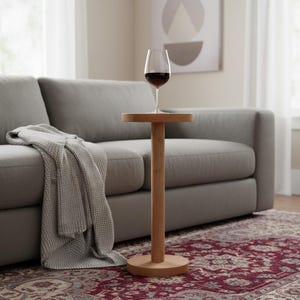 Mango Wood Pedestal Side Table, Dark Honey Wine Drink Stand, Round Bedside Lamp Table for Living Room, Slim Cocktail Accent Desk