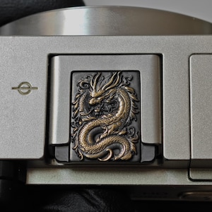 May include: A silver-toned camera hot shoe cover featuring a detailed, raised bronze-colored dragon relief. The dragon is depicted in a coiled position with intricate scales and flowing whiskers, set against a dark, recessed background.