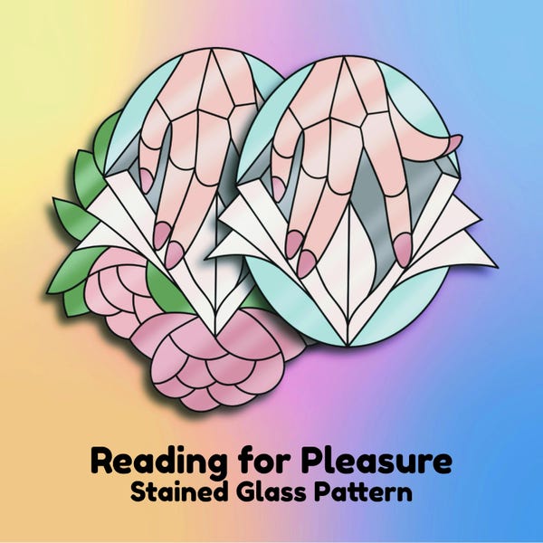 Puede incluir: Un diseño de patrón de vidriera con dos manos con uñas rosas, sosteniendo un libro abierto. Las manos están sobre un fondo azul claro, con un arreglo floral rosa y verde en la parte inferior. El texto "Reading for Pleasure Stained Glass Pattern" está en la parte inferior.