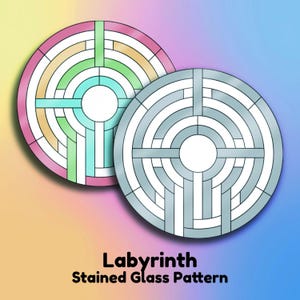 May include: Two circular stained glass patterns featuring a labyrinth design. One is pastel with pink, green, and blue hues. The other is grey and white. The text "Labyrinth Stained Glass Pattern" is at the bottom.
