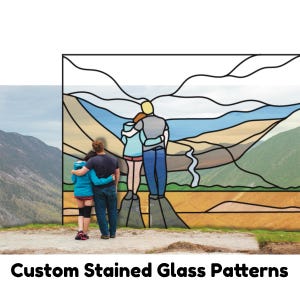 May include: An image featuring a couple embracing, set against a backdrop of a stained glass design depicting a landscape with mountains and a river. The text "Custom Stained Glass Patterns" is at the bottom.