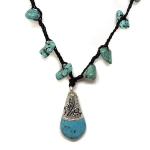 Tibetan Turquoise Stone Adjustable Silver Repousse Necklace