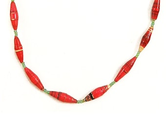 Paper Beads Necklace Uganda Red and Beige Africa 38 Inch