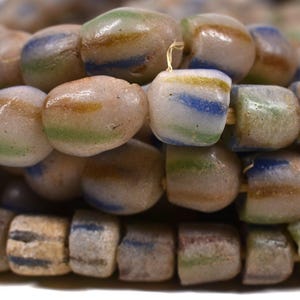 Krobo &quot;Recycled&quot; Powder Glass Striped Cream Trade Beads 34 Inch