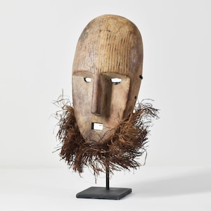 Metoko Wood Carved Mask With Raffia Beard Congo