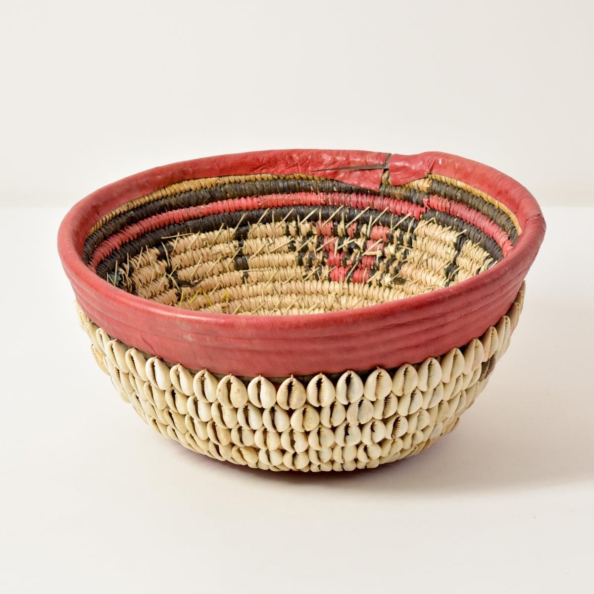 Hausa Cowrie Shell Grass Basket Bowl With Leather Nigeria 11 Inch
