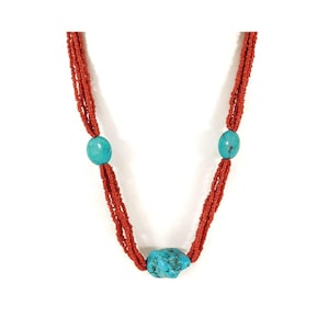 Tibetan Red Seed Bead and Turquoise Necklace