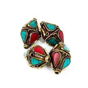 4 Loose Bicone Tibetan Inlaid Beads