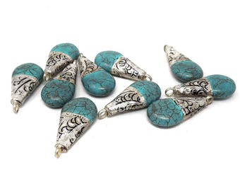 10 Turquoise Tibetan Silver Repousse Pendants