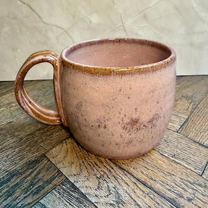 Handmade Pink Ceramic Mug – 14oz Speckled Stoneware Coffee Cup with Sculptural Handle | Wheel-Thrown Pottery