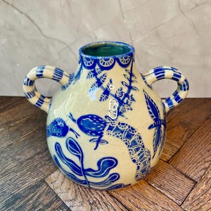 Sgraffito Vase with Double Handles – Blue Botanical Design on Cream Stoneware – Handmade Ceramic Art Vessel, 5” Tall
