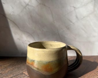 Handmade Ceramic Teacup | Walnut & Honey Glaze with Green Wave | 8.5 oz Stoneware Cup