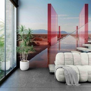 Surreal Landscape Wall Mural – Modern Wallpaper, 3D Reflective Art for Bedroom or Living Room, Custom Peel and Stick Mural for Loft Decor