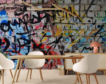 Urban Graffiti Brick Wall Mural – Colorful Street Art Wallpaper