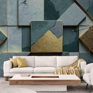 Luxury 3D Wallpaper Mural Self adhesive– Gold and Blue Geometric Modern Wall Vinyl Covering for Living Room or Office, Peel and Stick Mural