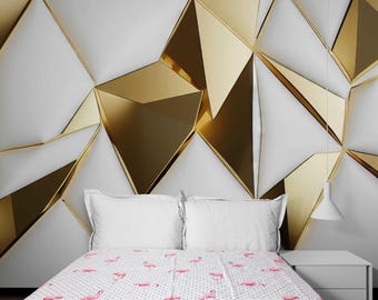 Gold Geometric 3D Wall Mural – Abstract Polygon Wallpaper