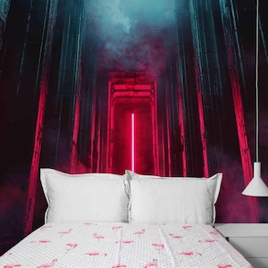 Neon Sci-Fi Wallpaper Mural - Futuristic Corridor for Gaming or Bedroom, Cyberpunk Peel and Stick Wallpapers for Gamers  Accent Wall Decor