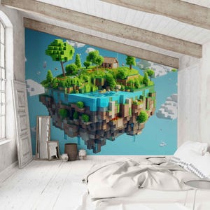 May include: A vibrant wall mural depicting a pixelated floating island scene with a house, trees, and water. The artwork features a blue sky background and is installed in a bedroom with white walls and wooden beams.