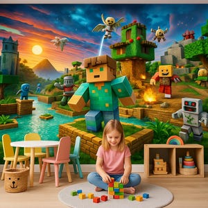 3D Gaming Wall Mural for Kids Bedroom – Pixel Art Wallpaper for Walls, Vinyl Peel and Stick Decor for Game Room, Fun Gamer Room Wallpaper
