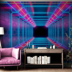 May include: A modern living room with a vibrant, futuristic wall mural featuring a neon tunnel design in shades of blue, pink, and purple. The room includes a pink armchair, a wooden side table with books and decor, a floor lamp, and a potted plant.